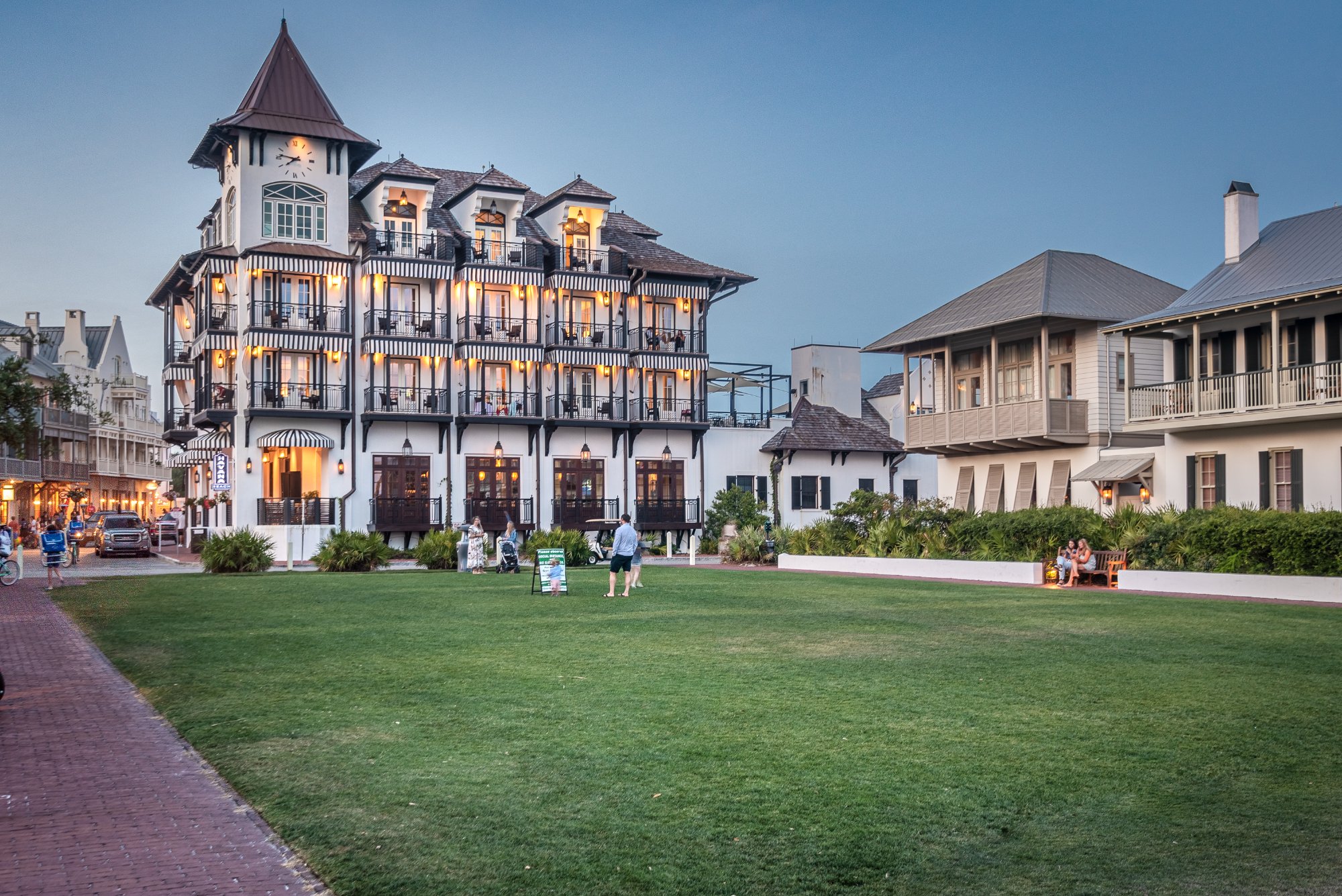Rosemary Beach Town Center Pearl Hotel at dusk